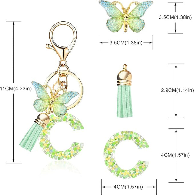 Fashion Alphabet Initial Letter Keychain Tassel Butterfly Pendant Key Ring for Purse Handbags Women Girl