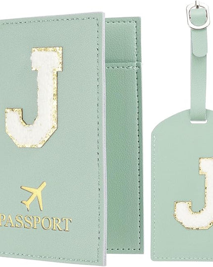 PATIKIL Passport Holder for Travel, Initial Passport Cover and Luggage Tag Set with Alphabet Chenille Letter Patch Travel Wallet Bag Suitcase Identifier for Women Family Travel Green J