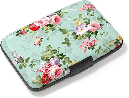Atufsuat Credit Card Holder, Mini Aluminum Card Wallet RFID Blocking Slim Metal Hard Card Case for Women Men, Green Flowers