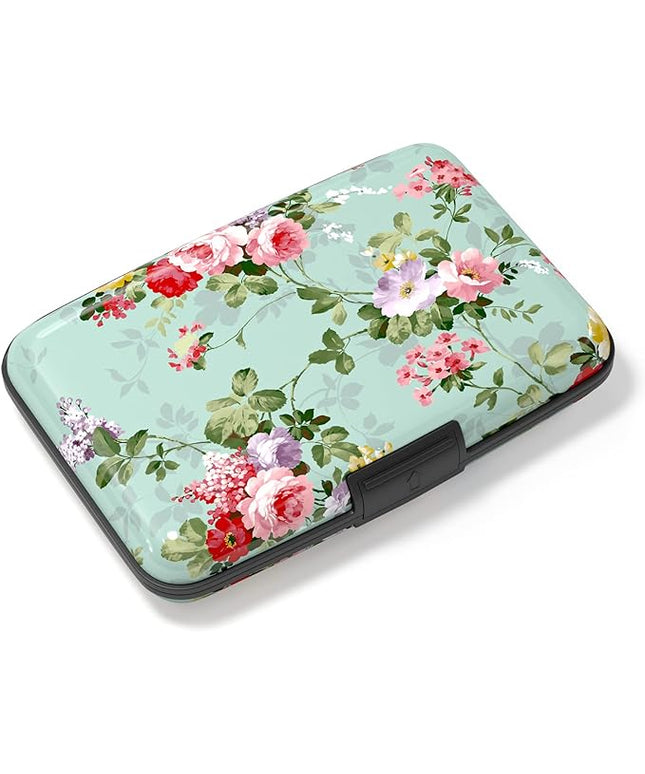 Atufsuat Credit Card Holder, Mini Aluminum Card Wallet RFID Blocking Slim Metal Hard Card Case for Women Men, Green Flowers