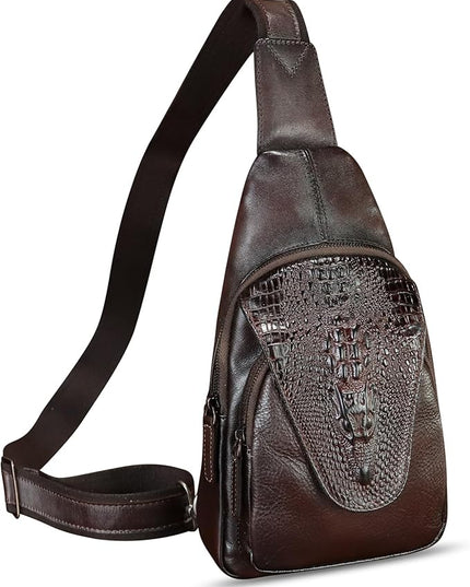 Genuine Leather Sling Bag Embossed Crocodile Pattern Leather Crossbody Sling Backpack Handmade Chest Purse Daypack (Coffee)