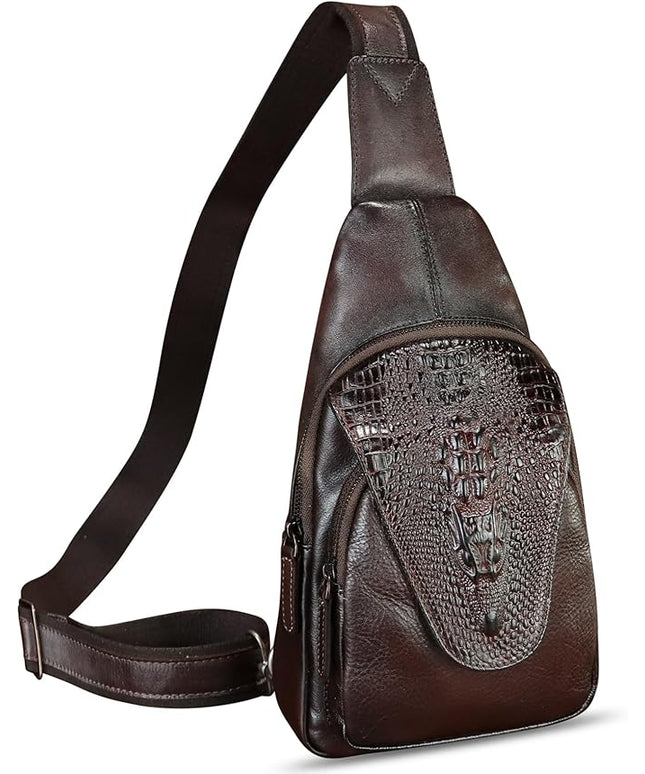 Genuine Leather Sling Bag Embossed Crocodile Pattern Leather Crossbody Sling Backpack Handmade Chest Purse Daypack (Coffee)