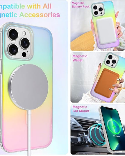 Cute Case for iPhone 13 Pro Max Case for Women Girls [Compatible with Magsafe] Aesthetic Girly Glitter Bling Rainbow Magnetic Protective Phone Cover, Translucent Iridescent Blue & Pink