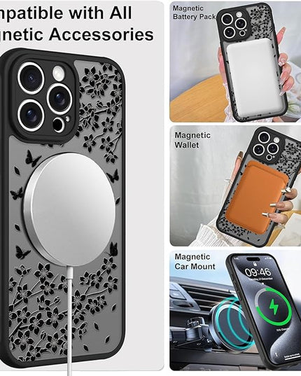 Cute Case for iPhone 15 Pro Max Case with Stand [ Compatible with MagSafe ] Kawaii Black Cat & Floral & Butterflies Pattern Design 360 Magnetic Ring Kickstand Phone Cover for Women Girls Boys