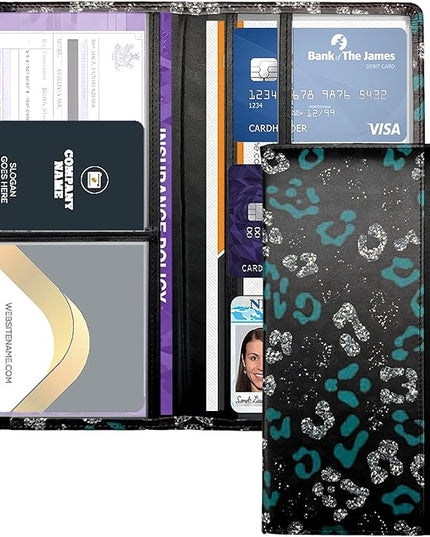 Car Registration and Insurance Holder with Magnetic Closure, Universal Document Organizer for License, Insurance Cards & Glove Box Storage (Leopard-Green and Silver)