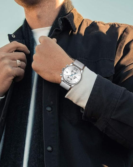 GOLDEN HOUR Mens Watch Fashion Sleek Minimalist Quartz Analog Mesh Stainless Steel Waterproof Chronograph Watches for Men with Auto Date
