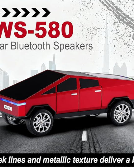 Futuristic Shapes Truck Bluetooth Speaker with LED Display Screen – TWS Stereo, FM Radio, USB/TF Playback, LED Headlights, Built-in Mic, Gift for Car Lovers, Model Collectors & Tech Fans (Red)