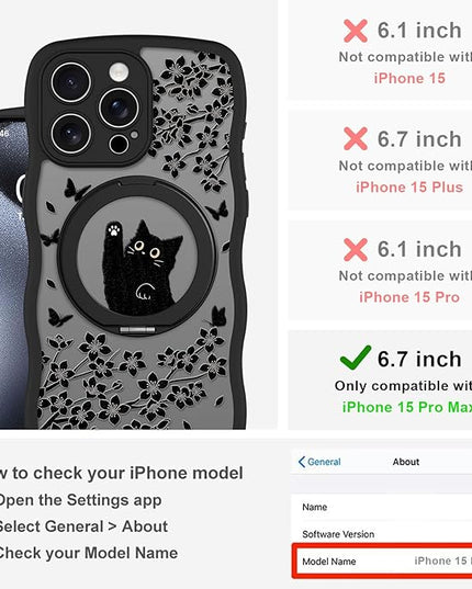 Wavy Case for iPhone 15 Pro Max Case with Stand [Compatible with MagSafe] Cute Black Cat & Floral & Butterflies Pattern Design, Kawaii 360 Magnetic Ring Kickstand Phone Cover for Women Girls