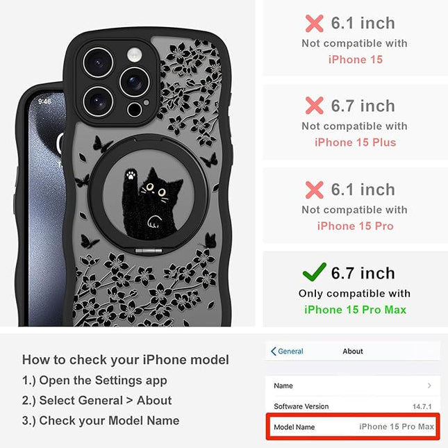 Wavy Case for iPhone 15 Pro Max Case with Stand [Compatible with MagSafe] Cute Black Cat & Floral & Butterflies Pattern Design, Kawaii 360 Magnetic Ring Kickstand Phone Cover for Women Girls