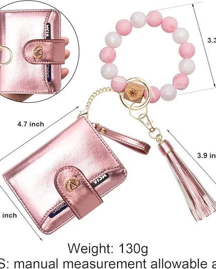 Multi-Purpose Wallet High Capacity Card Holder Zipper Coin Purse with Wristlet Bracelet Keychain Silicone Beaded Bangle Key Ring