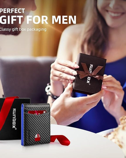RUNBOX Wallet for Men Slim Leather Bifold RFID Blocking Minimalist Front Pocket Design with Gift Box
