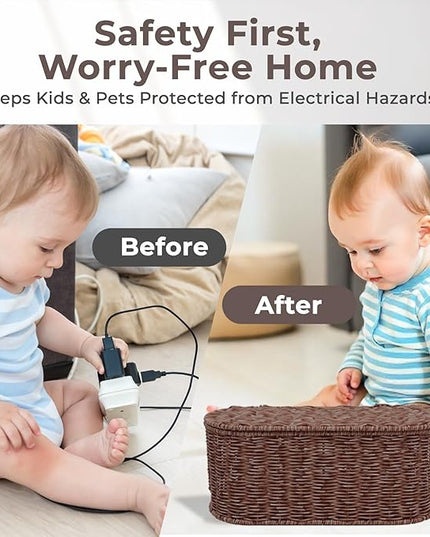 Cable Management Box, Handmade Rattan Cable Organizer, 2 Open Slots Cords Hider Box, Under Desk Cord Organizer for Computer Router USB Hub & Power Strip, Patent Pending, 15.9" x 6.5" x 6.5", Brown
