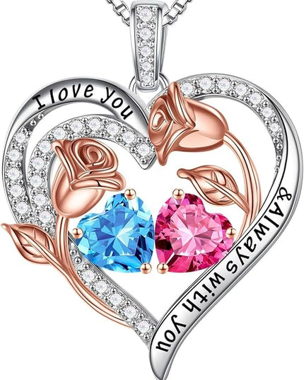 Iefil Christmas Gifts for Women Wife - 925 Sterling Silver Rose Heart Birthstone Necklace Birthday Anniversary Jewelry Gifts for Her Wife Mom Daughter