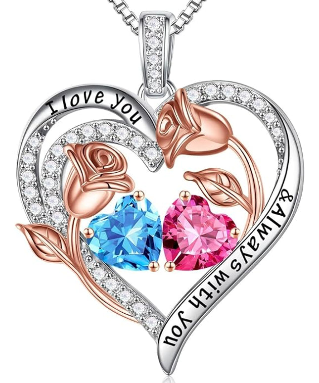 Iefil Christmas Gifts for Women Wife - 925 Sterling Silver Rose Heart Birthstone Necklace Birthday Anniversary Jewelry Gifts for Her Wife Mom Daughter