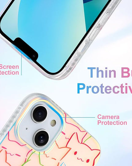 Cute Case for iPhone 13 & 14 Case for Women Girls Boys [ Compatible with Magsafe ] Iridescent and Black Cats Cat Pattern Design, Kawaii Colorful Animal Soft Bumper Protective Phone Cover