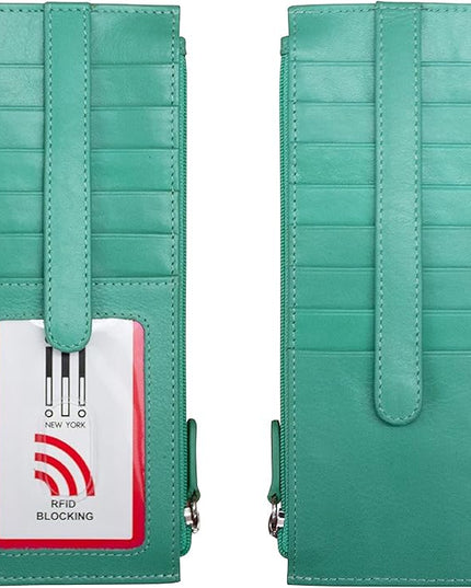 ili New York Long Double Sided Slim Wallet, RFID Blocking Card Holder with ID Window and Side Zip Pocket for Men and Women, Turquoise