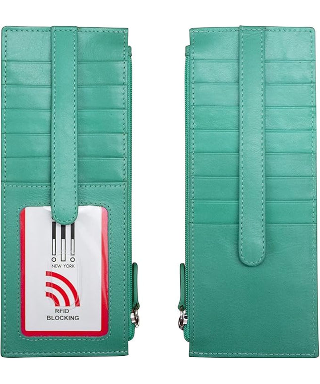ili New York Long Double Sided Slim Wallet, RFID Blocking Card Holder with ID Window and Side Zip Pocket for Men and Women, Turquoise