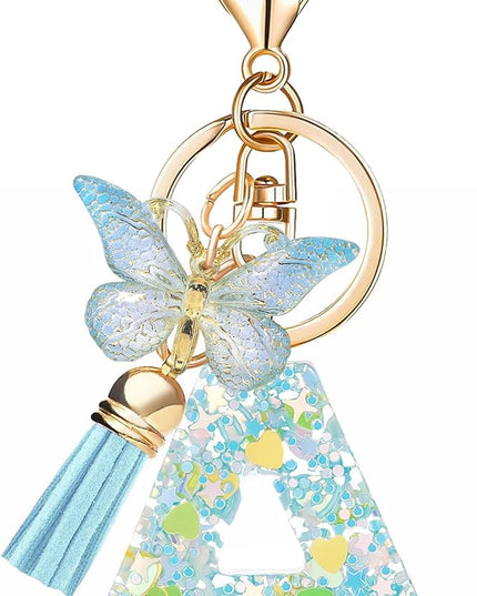 Fashion Alphabet Initial Letter Keychain Tassel Butterfly Pendant Key Ring for Purse Handbags Women Girl