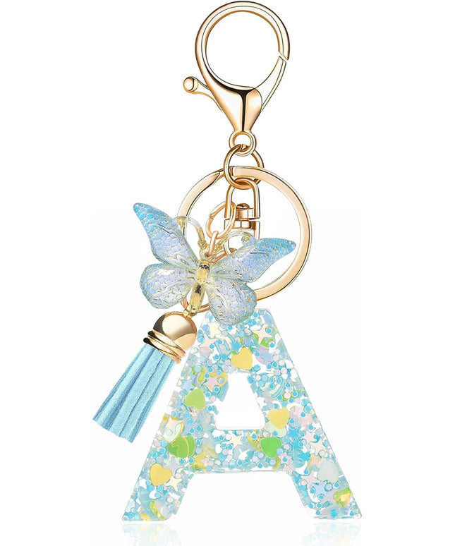 Fashion Alphabet Initial Letter Keychain Tassel Butterfly Pendant Key Ring for Purse Handbags Women Girl