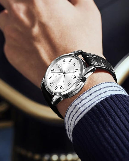 Mens Leather Watch Large Face Classic Quartz Mens Analog Watches Luxury Dress Watches for Men Waterproof Men's Wrist Watch Easy Read with Date Number Dial Relojes para Hombre