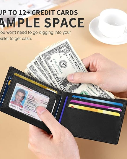 RUNBOX Wallet for Men Slim 11 Credit Card Holder Slots Leather RFID Blocking Small Thin Men's Wallet Bifold Minimalist Front Pocket Large Capacity Gift Box