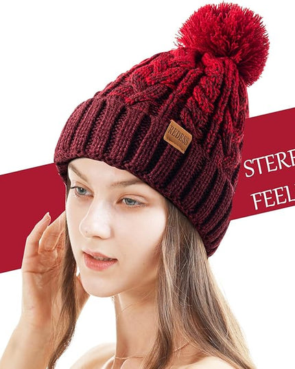 REDESS Women Winter Pompom Beanie Hat with Warm Fleece Lined, Thick Slouchy Snow Knit Skull Ski Cap
