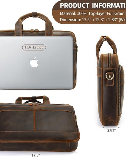 Jack&Chris Full Grain Leather Briefcase for Men, Business Messenger Bag Laptop Bag Attache Case, Fits 15.6 Inch Laptop