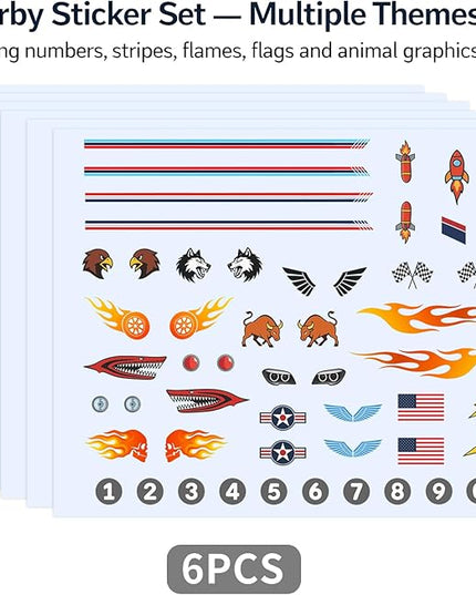 Derby Car Sticker Set for Pinewood Car Derby–Style Cars, Racing Numbers Flags Flames Animals Wings Lights Decals, Peel & Stick Waterproof Vinyl, 6 Sheets
