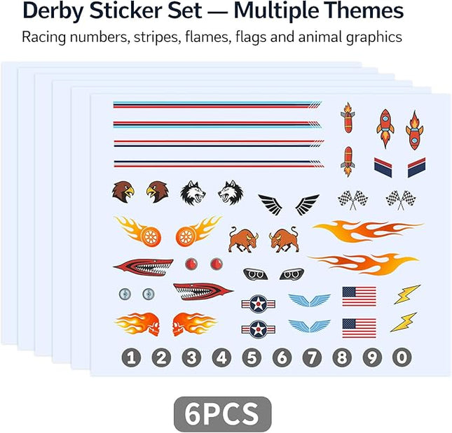 Derby Car Sticker Set for Pinewood Car Derby–Style Cars, Racing Numbers Flags Flames Animals Wings Lights Decals, Peel & Stick Waterproof Vinyl, 6 Sheets