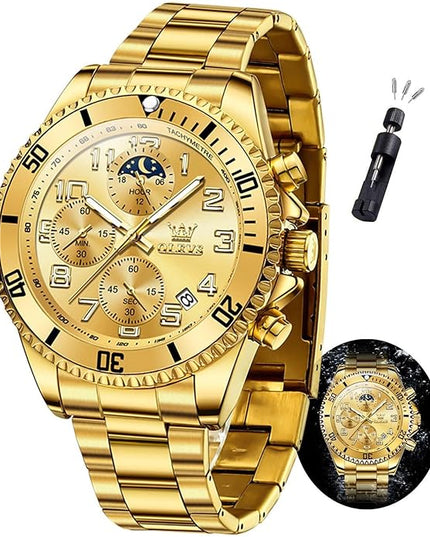 OLEVS Mens Watches Chronograph Watch Luxury Dress Stainless Steel Waterproof Watches for Men Moon Phase Luminous Business Calendar Wrist Watch Blue/Black/Green/Gold/Face