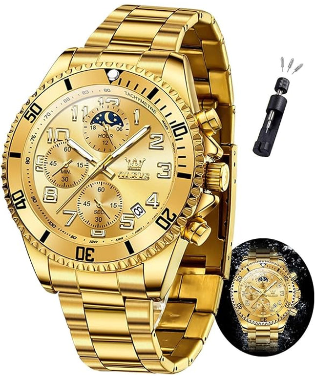 OLEVS Mens Watches Chronograph Watch Luxury Dress Stainless Steel Waterproof Watches for Men Moon Phase Luminous Business Calendar Wrist Watch Blue/Black/Green/Gold/Face