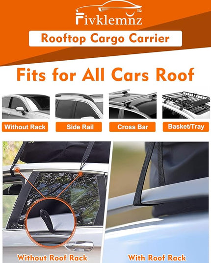 FIVKLEMNZ Car Rooftop Cargo Carrier Roof Bag Waterproof for All Top of Vehicle with/Without Rack Includes Topper Anti-Slip Mat + Reinforced Straps + 6 Door Hooks + Luggage Lock