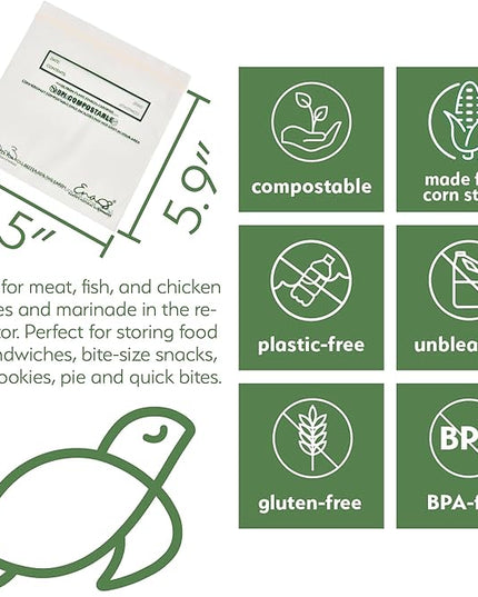 100% Compostable Food Storage Bags [Sandwich 150 Pack] Eco-Friendly Freezer Bags, Resealable Bags, Heavy-Duty, Reusable, by Earth's Natural Alternative, off white