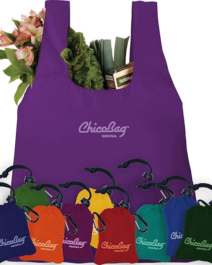 ChicoBag Original Compact Reusable Grocery Bag w/Attached Pouch and Carabiner Clip | Perfect for Shopping, Travel, Organization | Eco-Conscious Packable Tote | Purple (Pack of 4)
