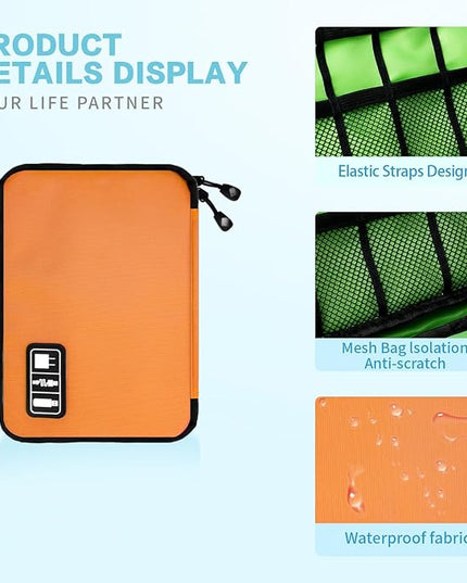 Electronics Travel Organizer,Portable Waterproof Electronic Travel Storage Bag for Small Charging Cord Storage,Charger,SD Card etc,for Travel,Business-Orange Green