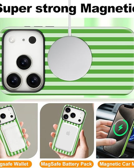 Magnetic for iPhone 17 Pro Max Case Cute Stripes Phone Case, Shockproof Slim TPU and Hard PC Protective Phone Cover Compatible with MagSafe Designed for Women Girls, Deep Green