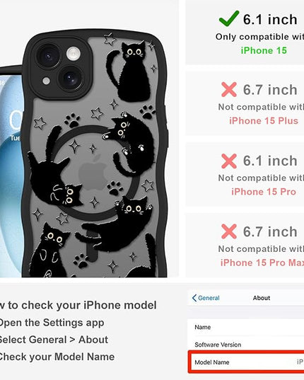 Cute Case for iPhone 15 Case [Compatible with MagSafe] with Kawaii Black Cats Cat Print Pattern Design for Women Girls, Soft Wavy Edge Anti-Slip Animal Magnetic Protective Phone Cover
