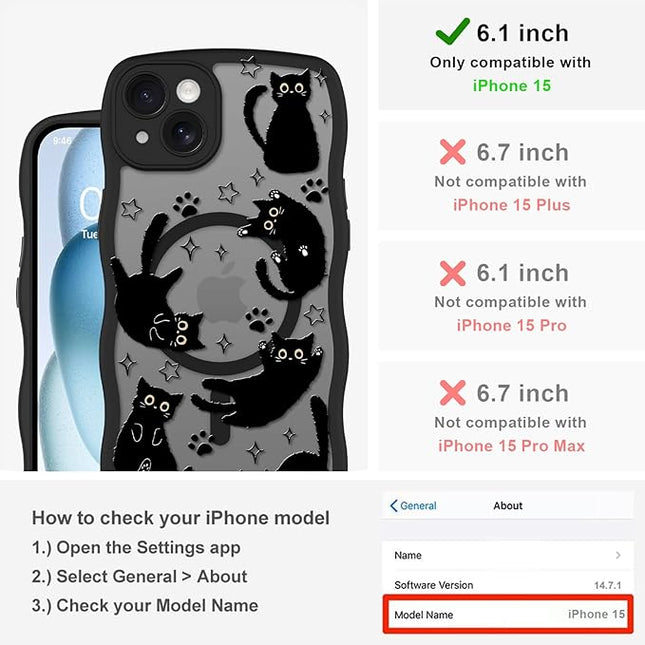 Cute Case for iPhone 15 Case [Compatible with MagSafe] with Kawaii Black Cats Cat Print Pattern Design for Women Girls, Soft Wavy Edge Anti-Slip Animal Magnetic Protective Phone Cover