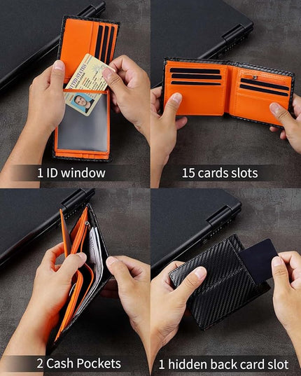 Swallowmall Leather Wallet for Mens Genuine Leather RFID Blocking Bifold Wallets with 1 ID Windows 15 Card Slots