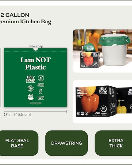 100% Compostable Trash Bags 3.2 Gallon - 120 Pack - Small Drawstring Compost Bags, Eco Friendly Food Scraps Recycling Bag for Kitchen Waste Bin - BPI Certified, OK Compost Home