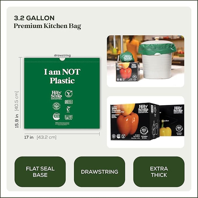 100% Compostable Trash Bags 3.2 Gallon - 120 Pack - Small Drawstring Compost Bags, Eco Friendly Food Scraps Recycling Bag for Kitchen Waste Bin - BPI Certified, OK Compost Home