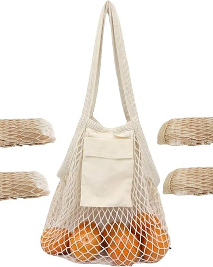 Extra Long Handle Farmers Market Bag with Utility Pocket, Cotton Mesh Tote, Reusable Mesh Produce Bags, Machine Washable for Produce and Grocery Hauls(4 Pcs)
