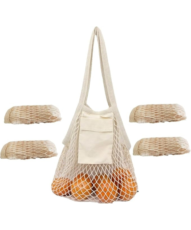 Extra Long Handle Farmers Market Bag with Utility Pocket, Cotton Mesh Tote, Reusable Mesh Produce Bags, Machine Washable for Produce and Grocery Hauls(4 Pcs)