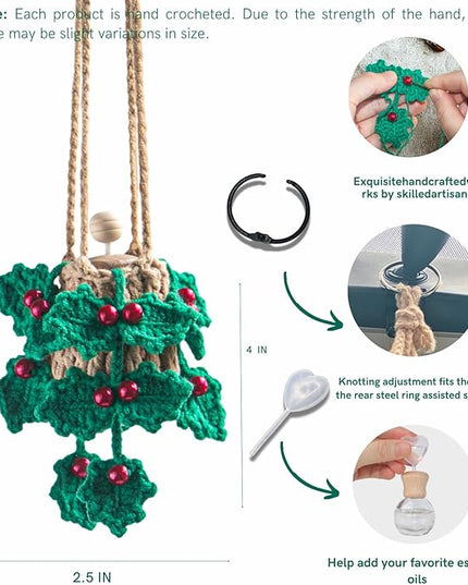 Handmade Crochet Car Air Freshener - Crochet hanging holly plants with 12ml Empty Refillable Oil Diffuser Bottle, Green Car Accessory for Mirror Decor and Home Decor