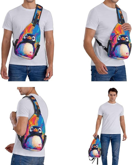 Animal Face Sling Bag Crossbody Bags Chest Bag Backpack for Travel Running and Hiking for Men Women Colorful Penguin