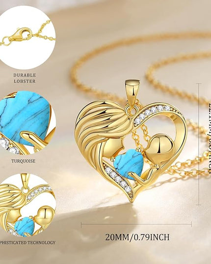 FANCIME Mom Birthstone Necklace Mother and Child Love Heart Necklace I Love You Mom Gifts Mothers Day Birthstone Jewelry Gifts for Grandmother Women Wife, 16"+2" Inches