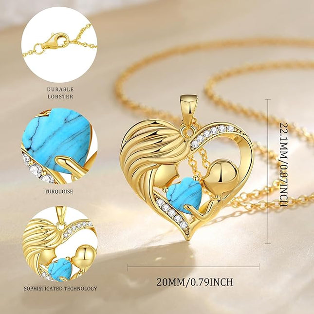 FANCIME Mom Birthstone Necklace Mother and Child Love Heart Necklace I Love You Mom Gifts Mothers Day Birthstone Jewelry Gifts for Grandmother Women Wife, 16"+2" Inches