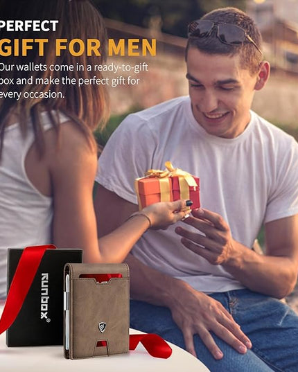 RUNBOX Mens Slim Wallet with Money Clip RFID Blocking Bifold Credit Card Holder for Men with Gift Box