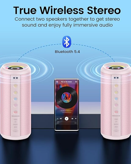 Portable Bluetooth Speaker, 2026 Bluetooth 5.4 Wireless Speaker with 20W HD Loud Stereo Sound, 20H Playtime, LED Lights, IP7, TWS Pairing, Built-in Mic, for Outdoor, Home, Beach, Party, Gift, Pink