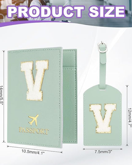 PATIKIL Passport Holder for Travel, Initial Passport Cover and Luggage Tag Set with Alphabet Chenille Letter Patch Travel Wallet Bag Suitcase Identifier for Women Family Travel Green V
